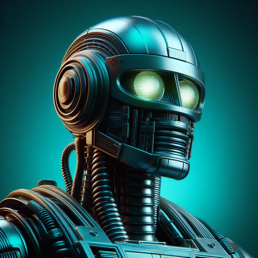1970's sci robot portrait, studio light, on an emerald colored background