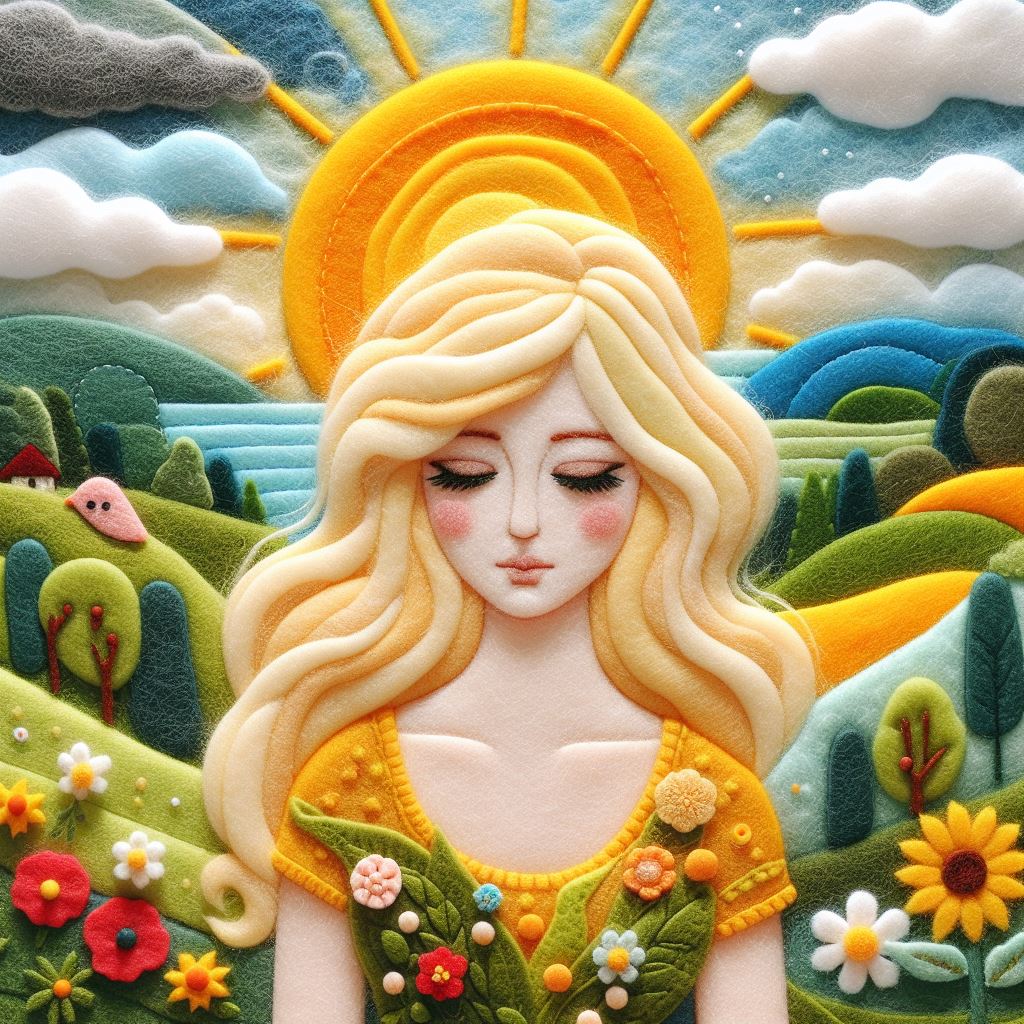 Felt art patchwork, wide angle, landscape scene of a blonde woman