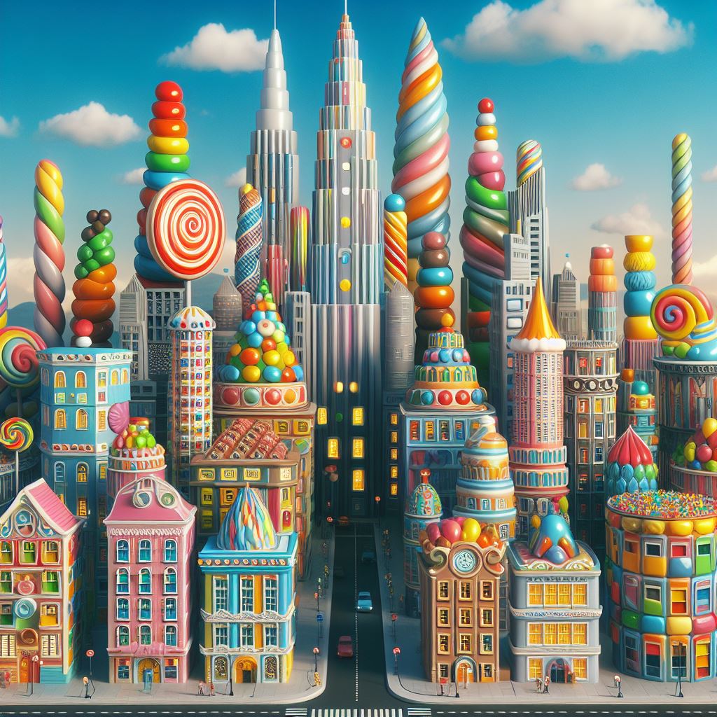 A city with buildings made of different, bright, colorful candies and looks