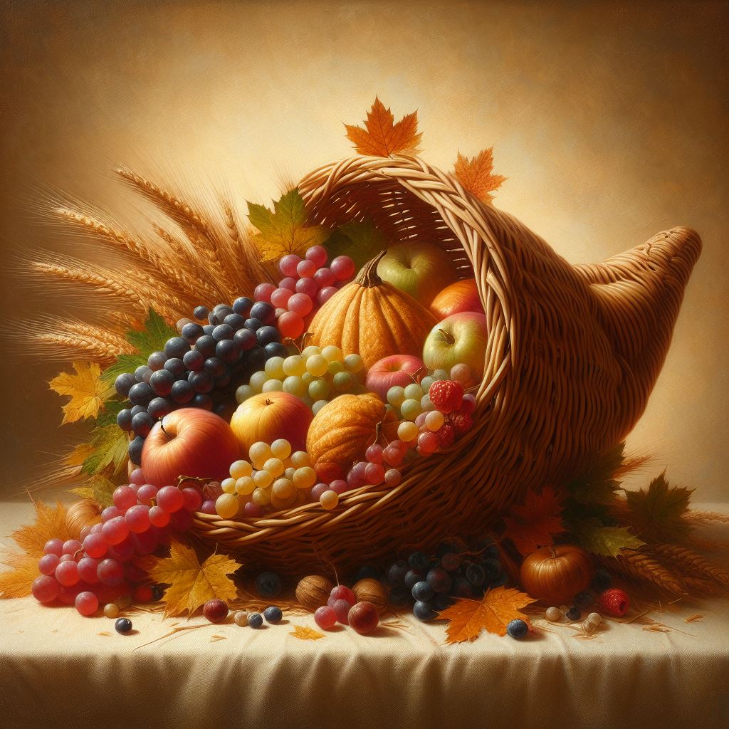 A realistic still life painting of a cornucopia made of woven straw, filled