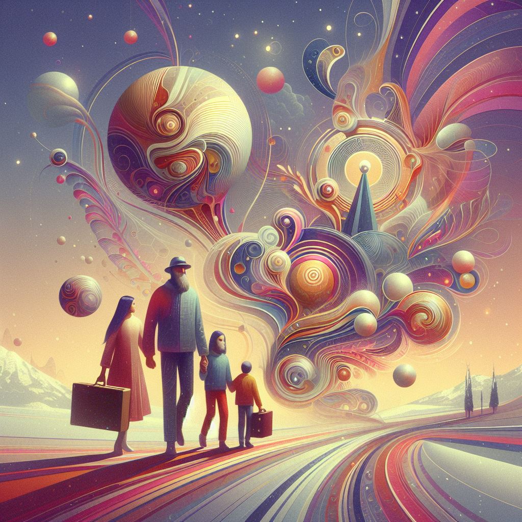 An abstract modern art liminal dream holiday new year family scene, surreal art, everyone