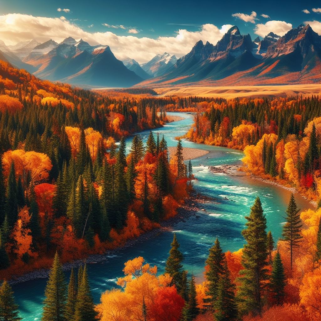 A picture of a fall landscape with trees, mountains, and rivers, except