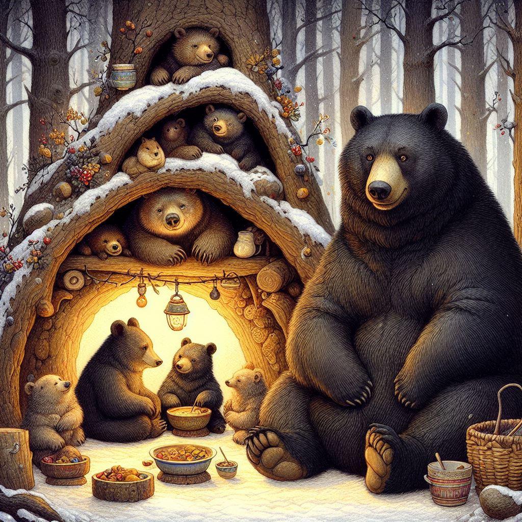 A family of bears preparing for hibernation in their den. Then den is decorated