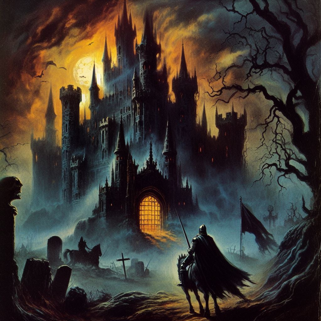 Haunted castle with a dark knight in front of it, 1970 dark fantasy book cover