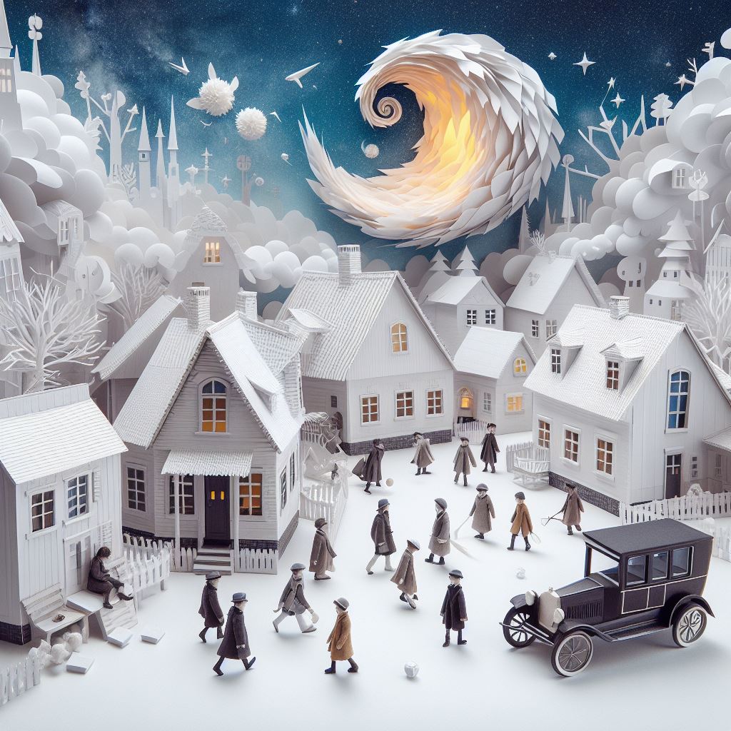 Whimsical paper diorama collage, surreal, surrealism, boys in a village