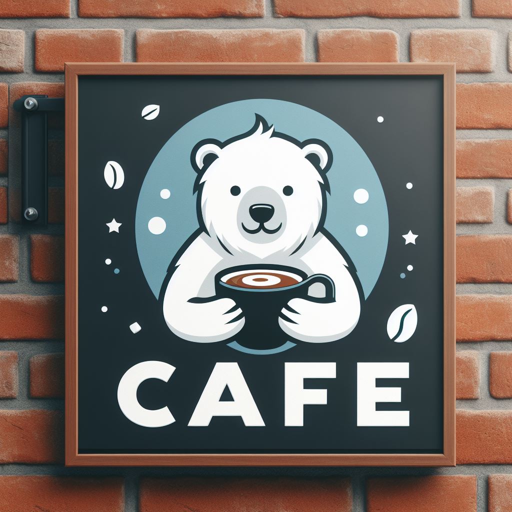 A modern cafe logo of a polar bear cub holding coffe, located on a sign outside a brick