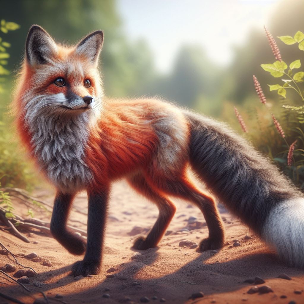 A realistic image of a red fox with a bushy tail and black eats, waling on a dirt