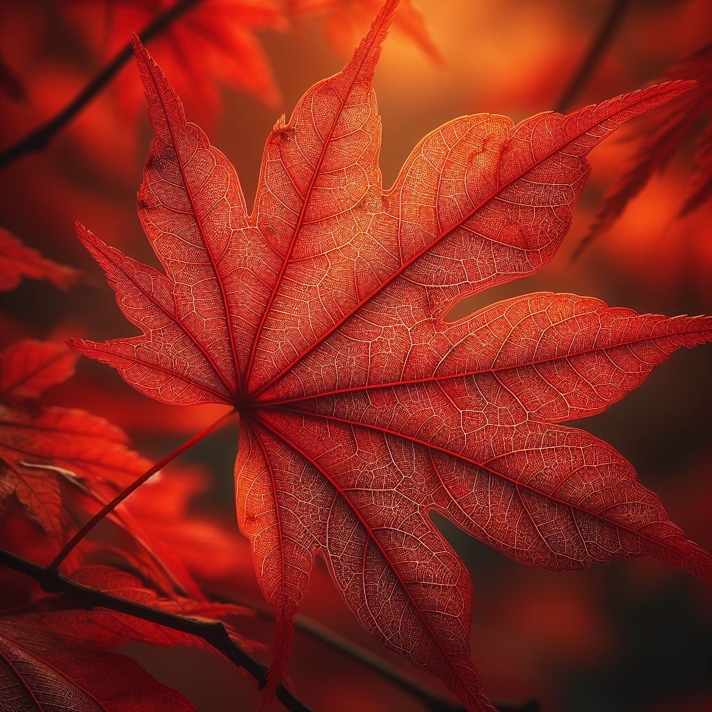 A close-up of a red maple leaf with veins and spots, detaching from a branch with