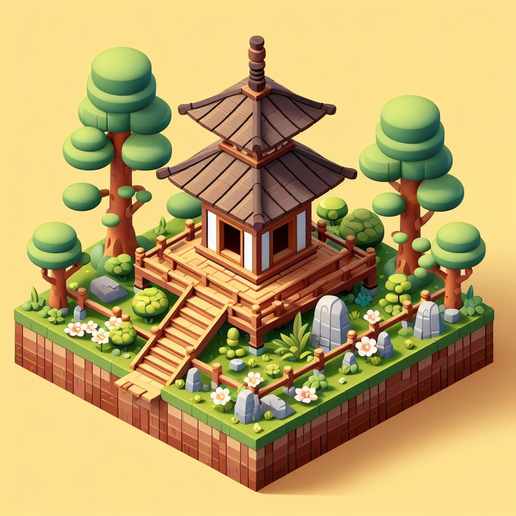 Cute small forest zen wood temple, 3d game isometric, detailed, white
