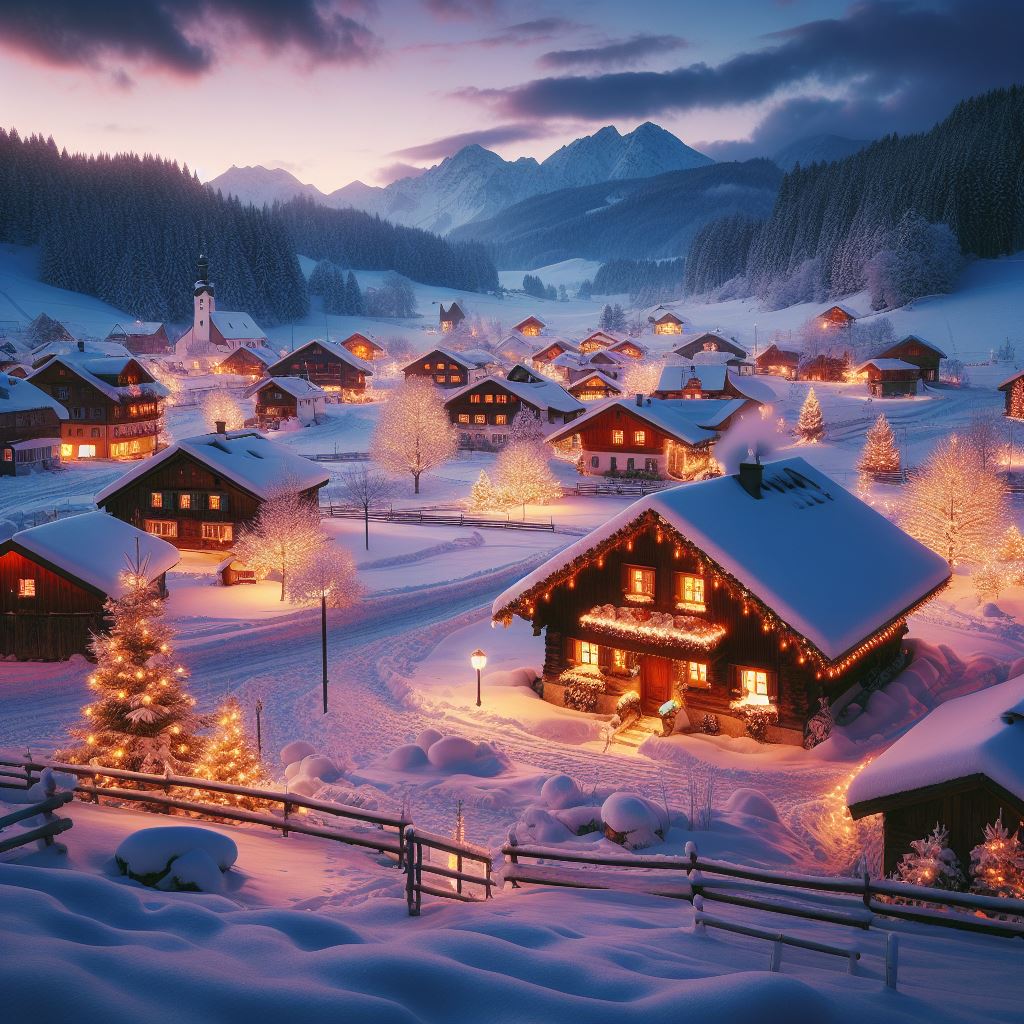 A quaint, snow-covered village at dusk. The scene features twinkling