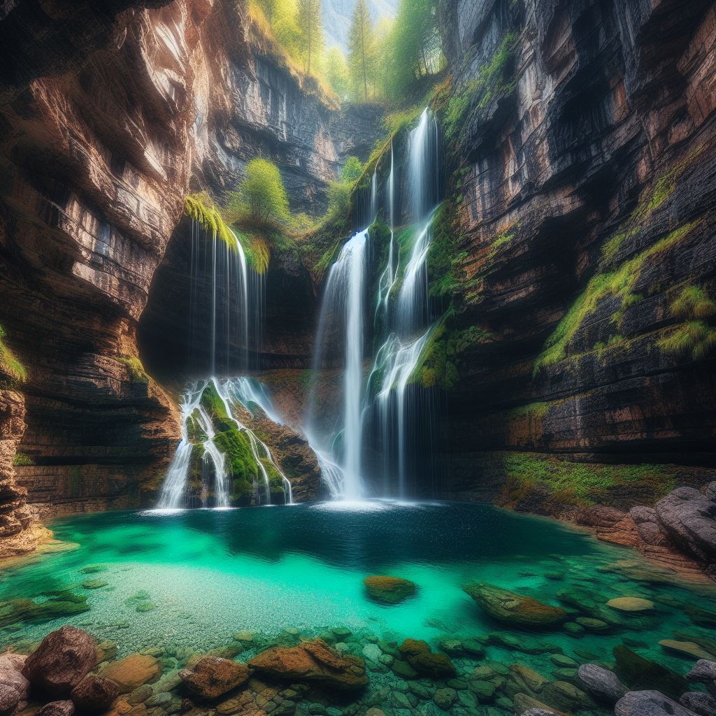 A waterfall that flows from a hidden cave into a crystal clear pool, surrounded