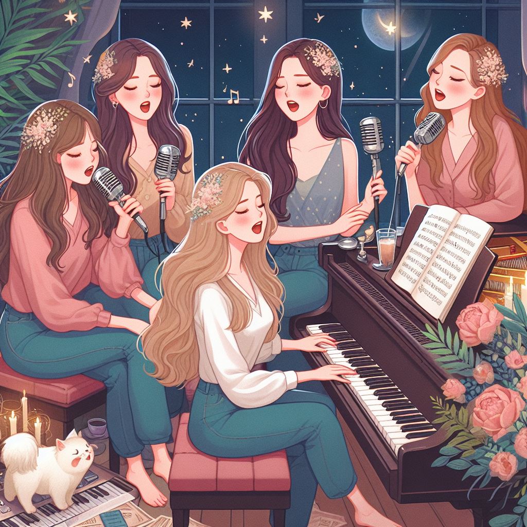 4 women with long hair singing around the piano, 2-3 cats on the, 3